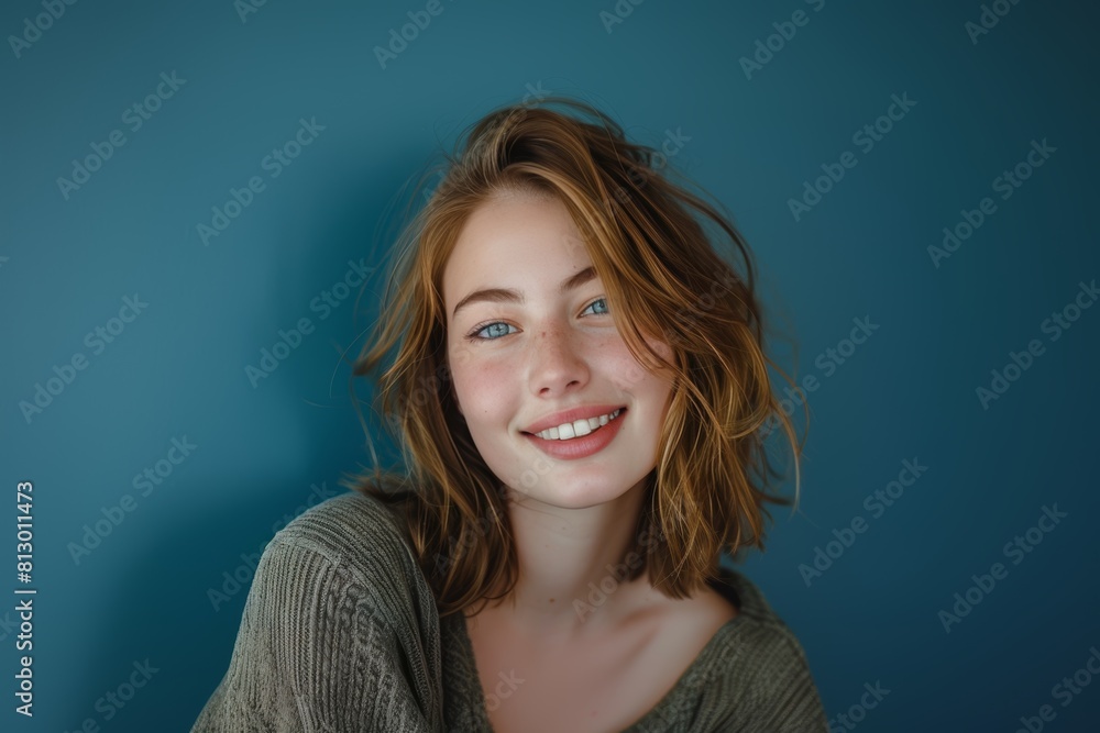 Radiant Young Woman in Knit Sweater, Blue Background. Generative AI. Radiant Young Woman in Knit Sweater, Blue Background. Generative AI.