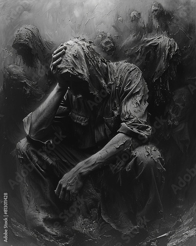 A black and white image of a man sitting on the ground with his head in his hands. The man is surrounded by dark figures.