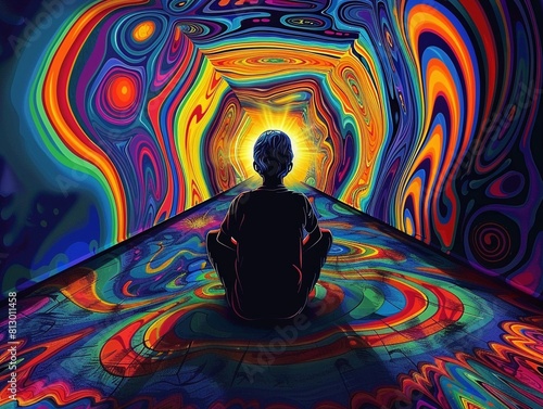 A boy sits in a psychedelic world with bright colors and strange shapes.