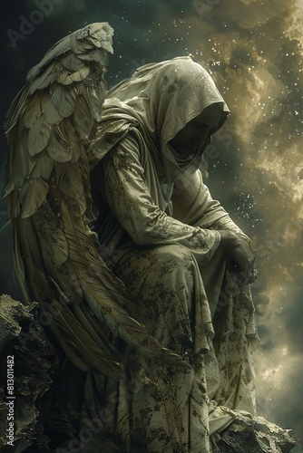 A dark angel sits on a rock in front of a starry night sky. photo