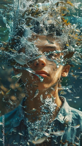 A young man holds his breath underwater while small fish swim around his head