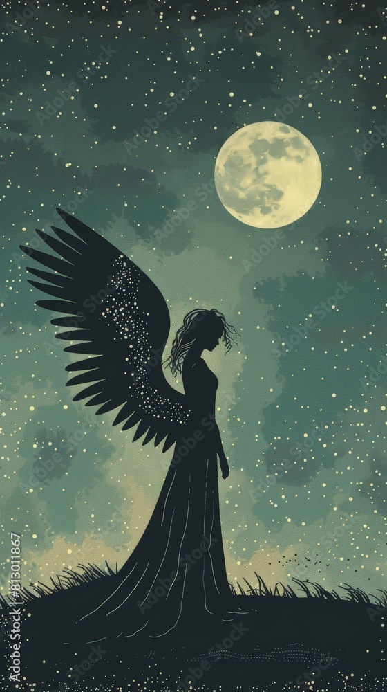 Silhouette of angel with the moon, phone wallpaper illustration Silhouette of angel with the moon, phone wallpaper illustration