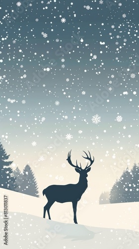 Silhouette of deer in the snow, phone wallpaper illustration © Jira