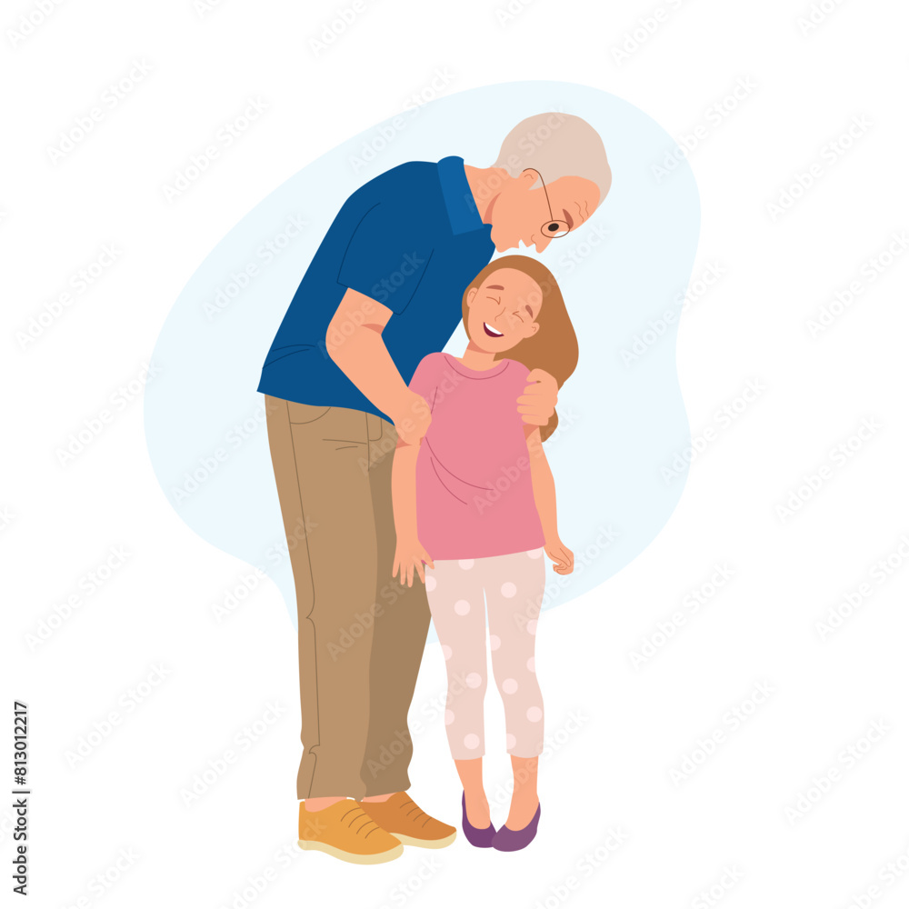 Grandfather hugging his little granddaughter when meeting Grandfather hugging his little granddaughter when meeting