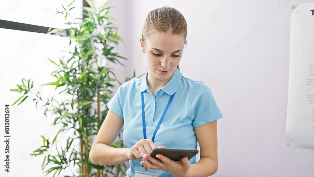 Caucasian woman in blue uniform using tablet at healthcare center Caucasian woman in blue uniform using tablet at healthcare center