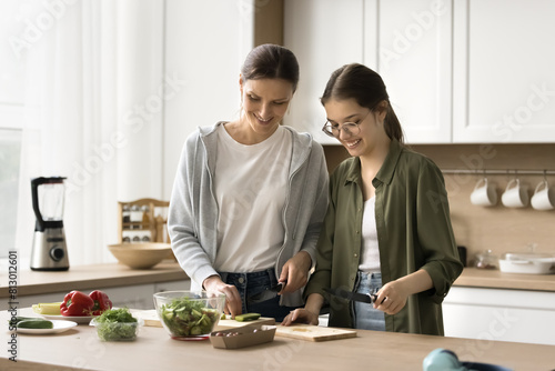 Happy mother teaching teen girl to cook homemade healthy meal, preparing salad, cutting fresh cucumber, raw vegetables, smiling, laughing, Teenager kid helping mom with household chores