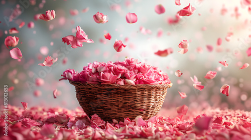 Beautiful rose flower petals fall from above in a basket with flowers (ID: 813012653)