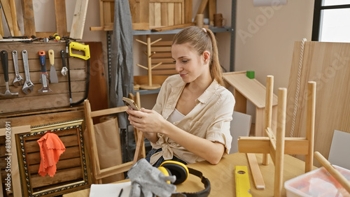 A young woman examines a smartphone in a well-equipped carpentry workshop.