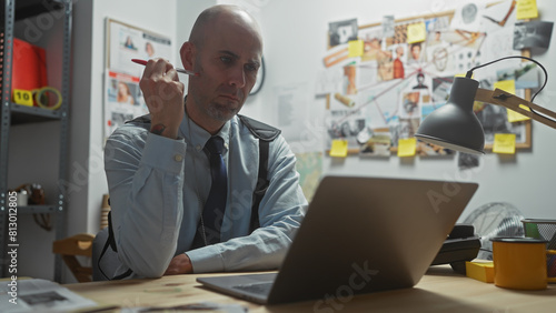 A bald man analyzing evidence in a detective office surrounded by photos, documents, and a laptop. photo