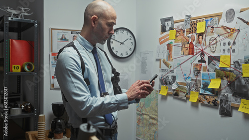 Bald man using smartphone in police station with evidence board photo