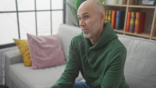 Pensive bald man with beard sitting on couch in living room, looking away thoughtfully.