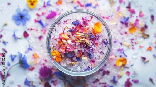 Homemade floral bath salts (foot soak, fizzies, exfoliation scrub) with dead sea salt, essential oil and colorful dry flower petals. Natural skin care. DIY spa recipe. 