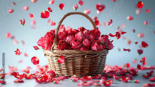 Beautiful rose flower petals fall from above in a basket with flowers (ID: 813013005)
