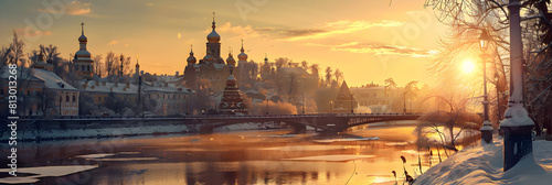 Golden Sunset and Snow Covered Cityscape: The Tranquil Beauty of Vyazma