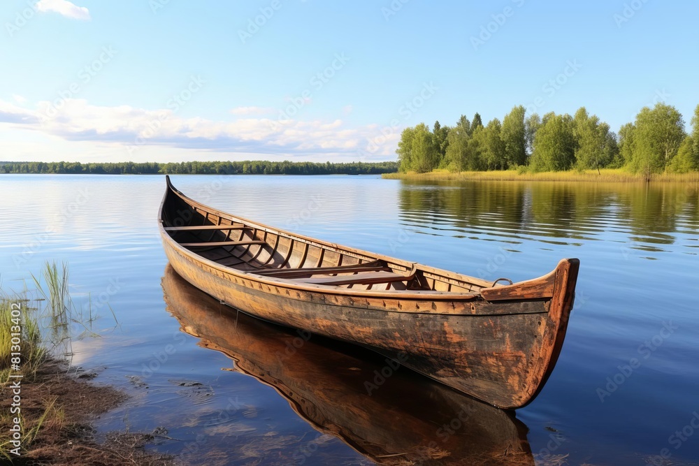 wooden boat on a calm lake surrounded by trees. The sky is blue and there are white clouds. The boat is empty and looks peaceful. wooden boat on a calm lake surrounded by trees. The sky is blue and there are white clouds. The boat is empty and looks peaceful.