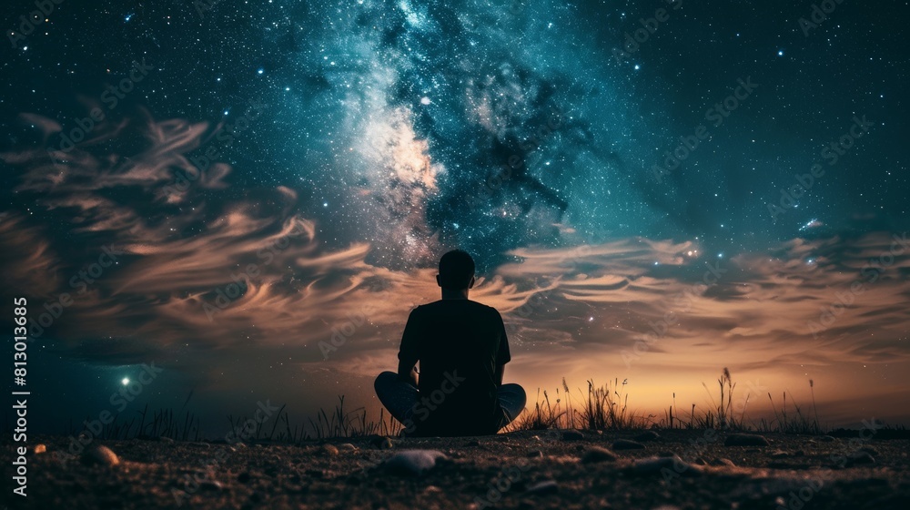 A man is sitting on the ground in a field of grass, looking up at the sky A man is sitting on the ground in a field of grass, looking up at the sky