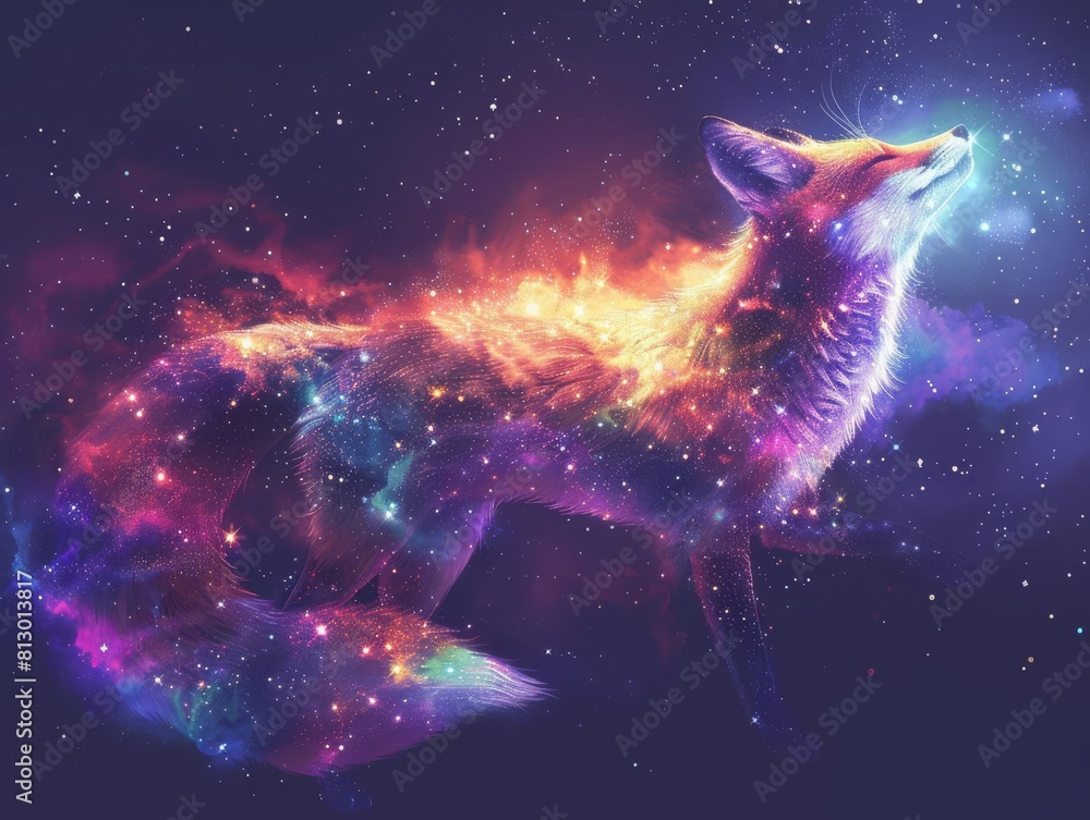 A digital art piece showcasing a celestial fox made of stars and galaxies against the night sky A digital art piece showcasing a celestial fox made of stars and galaxies against the night sky
