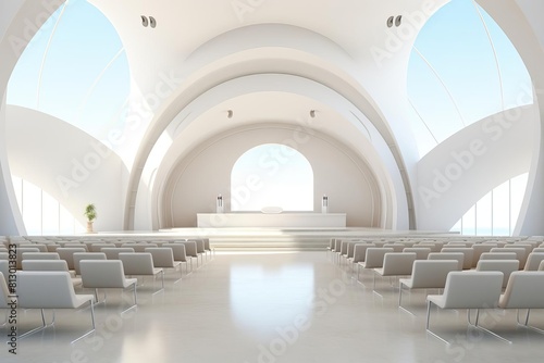 Auditorium with curved ceiling and walls made of glass and white concrete.