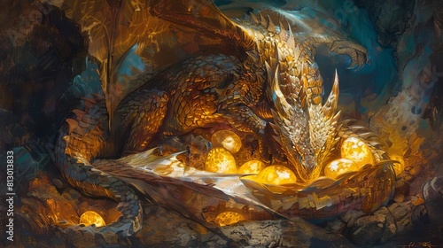 A fantastical oil painting of a dragon curled protectively around a nest of glowing eggs photo