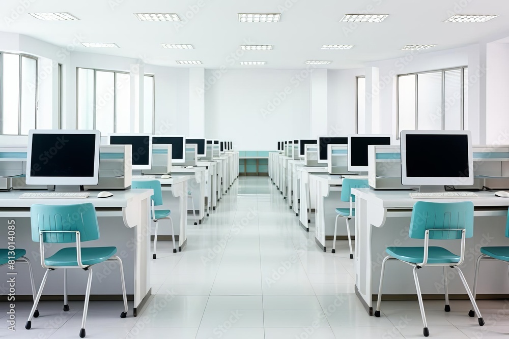 Modern bright empty classroom with blue chairs and computers on the tables. Modern bright empty classroom with blue chairs and computers on the tables.