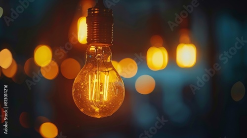 A single light bulb is lit up in a dark room