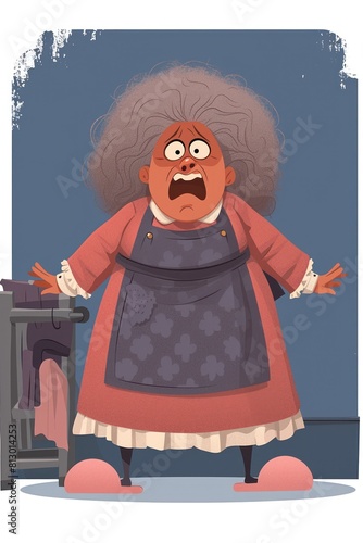 Elderly woman shocked by a home mess, screaming, comic style illustration