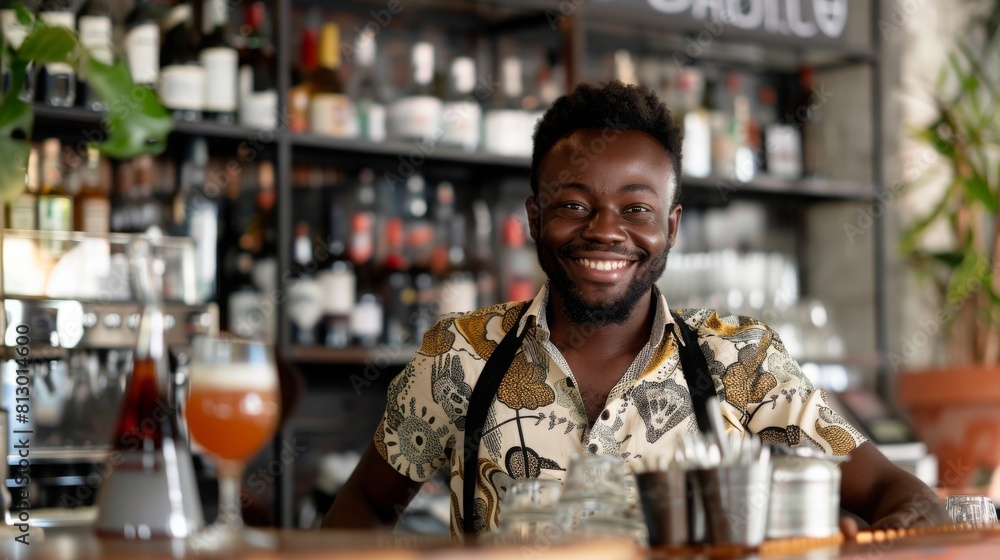 A cheerful african american man stands behind a cafe counter. his welcoming smile enhances the warm, inviting atmosphere of the small business setting.