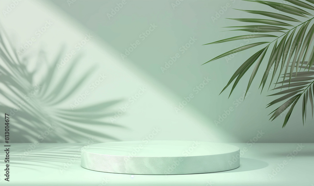 White round podium pedestal on a mint green background with a palm leaf shadow for a product display presentation mockup vector illustration in the style of product display White round podium pedestal on a mint green background with a palm leaf shadow for a product display presentation mockup vector illustration in the style of product display