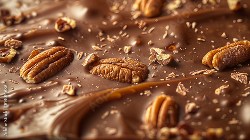 A close-up of a chocolate bar with nuts and caramel, highlighting its rich texture and flavors, chocolate bar, hd, close-up with copy space