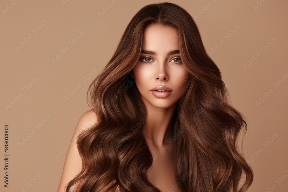 Naklejka premium A beautiful woman with long, wavy hair is posing for the camera in front of an isolated beige background. She has smooth skin and bright makeup that accentuates her features