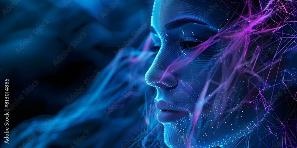 D Digital AI Face Symbolizing Cybersecurity and Big Data. Concept Cybersecurity, Big Data, Digital AI, Face Symbolism, Technology