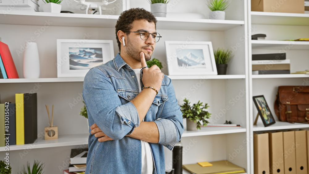 Fototapeta premium A thoughtful man with earbuds and glasses stands in an office, surrounded by shelves and plants.