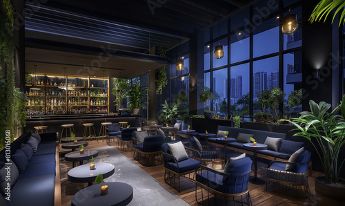 The rooftop bar of the hotel features outdoor seating, surrounded by greenery and overlooking city lights at night. The design incorporates dark gray with light blue accents  photo