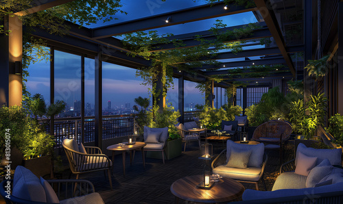 The rooftop bar of the hotel features outdoor seating, surrounded by greenery and overlooking city lights at night. The design incorporates dark gray with light blue accents  photo