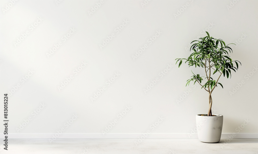 Fototapeta premium Photo of a potted plant on the side against a white wall, with a simple and minimalistic interior design style, on a white background, with a wide angle shot, as high resolution photography.