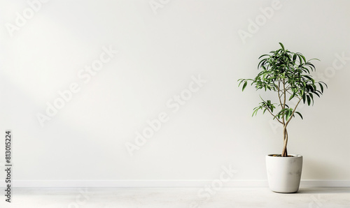 Photo of a potted plant on the side against a white wall, with a simple and minimalistic interior design style, on a white background, with a wide angle shot, as high resolution photography.