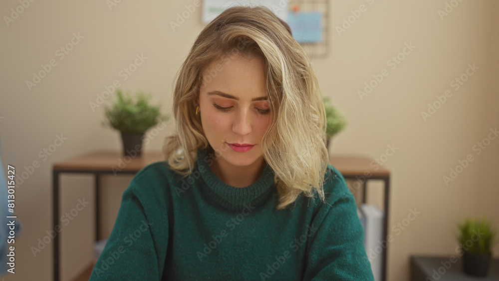 Young blonde woman ponders thoughtfully in a minimalist living room setting, exuding serene beauty. Young blonde woman ponders thoughtfully in a minimalist living room setting, exuding serene beauty.