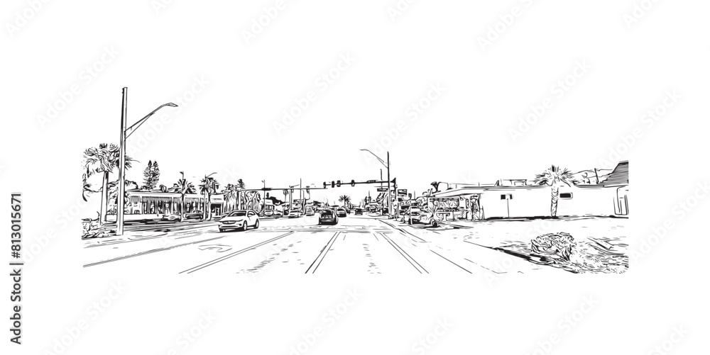 Print Building view with landmark of St. Pete Beach is a coastal city in Florida. Hand drawn sketch illustration in vector.