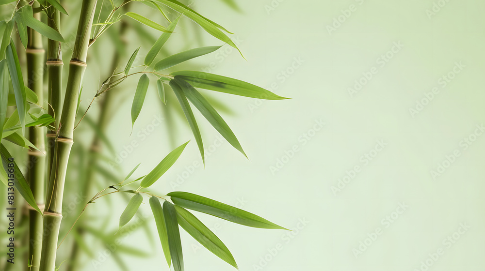 Tranquil bamboo foliage against a soft green background, providing space for text Tranquil bamboo foliage against a soft green background, providing space for text