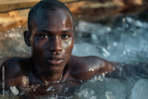A young athlete from Africa plunges into a bath with ice after training to recover and strengthen himself. Concept  cold water therapy benefits for health  healthy lifestyle  sport