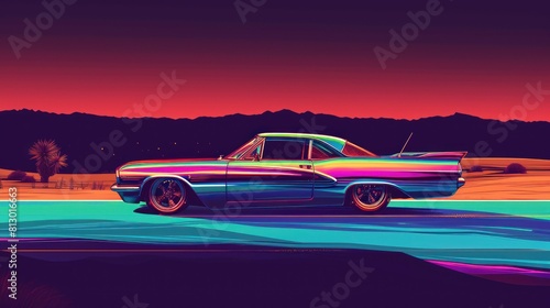 Vintage car driving at sunset with bright colors.