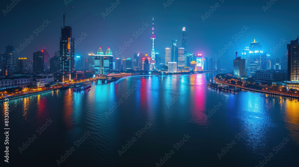 Nighttime cityscape with illuminated buildings mirrored in calm river water.