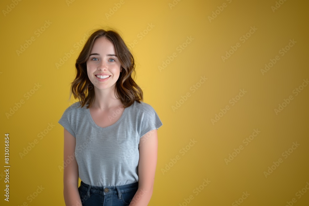 Smiling Woman in Gray T-shirt, Yellow Background. Generative AI. Smiling Woman in Gray T-shirt, Yellow Background. Generative AI.