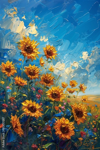 Acrylic painting of clear sky and sunflower scenery in a gentle, colorful, and bright manner
