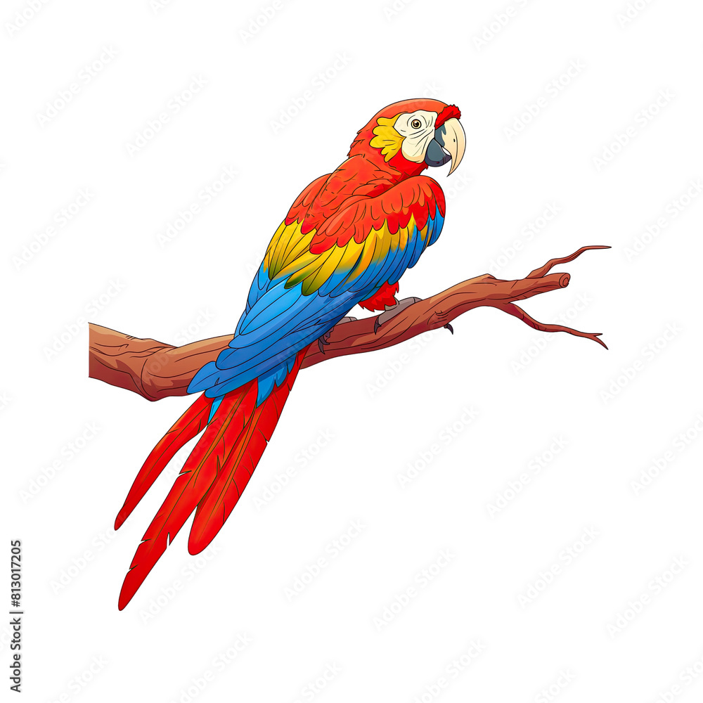 Fototapeta premium Cartoon Macaw Perched On A Tree Branch, Cartoon Illustration