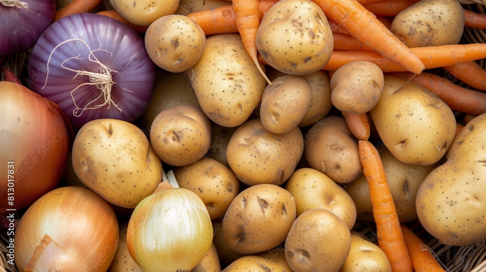 Angled view of a basket with potatoes, onions, and carrots. Angled view of a basket with potatoes, onions, and carrots.