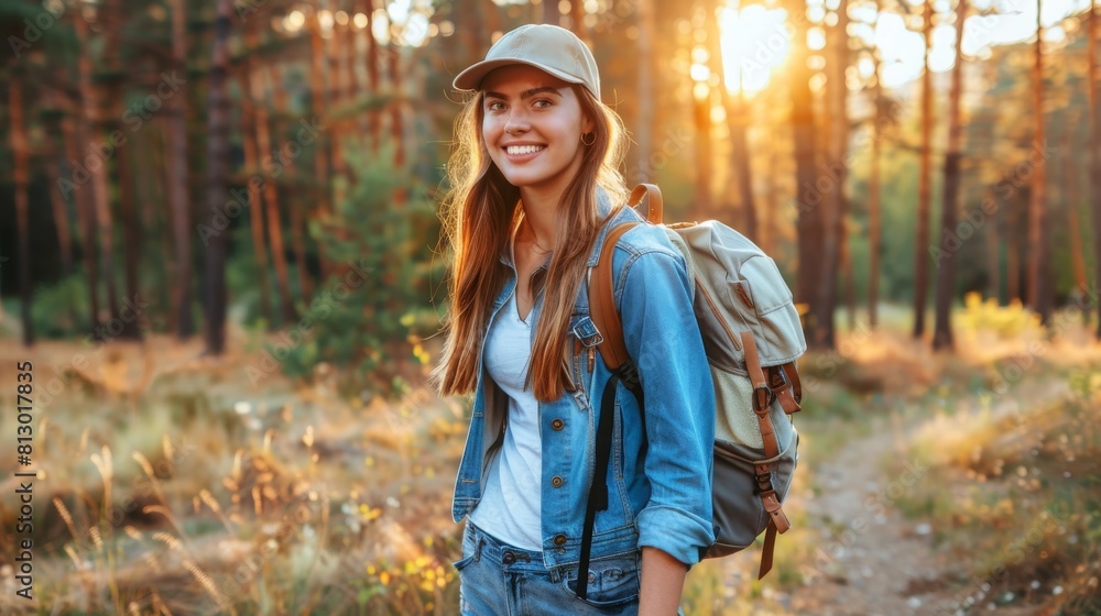 Happy hiker caucasian woman smile and enjoy the nature walking in a forest with high trees - alternative outdoor leisure activity and vacation lifestyle - sun in backlight and mist concept Happy hiker caucasian woman smile and enjoy the nature walking in a forest with high trees - alternative outdoor leisure activity and vacation lifestyle - sun in backlight and mist concept