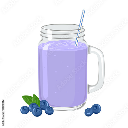 Blueberry smoothie in mason jar glass with straw isolated on white background. Purple milkshake. Vector cartoon illustration.