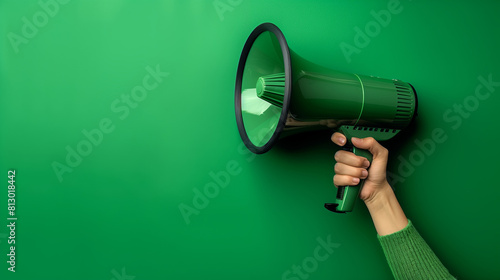 A hand is shown holding a megaphone against an green background, symbolizing communication or announcement. The image is dynamic and attention-grabbing, with copy space