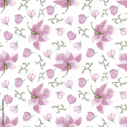 Seamless watercolor pattern with delicate pink lily flowers on a white background.